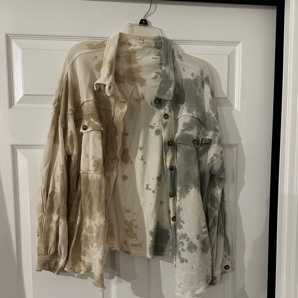 POL Washed Tie-Dye Button-Up Jacket - Cream, Beige & Olive